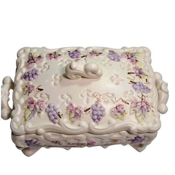 Vintage Lenwile Ardalt Painted Porcelain Covered Trinket Box Fleur de Lis Grapes - Picture 2 of 11
